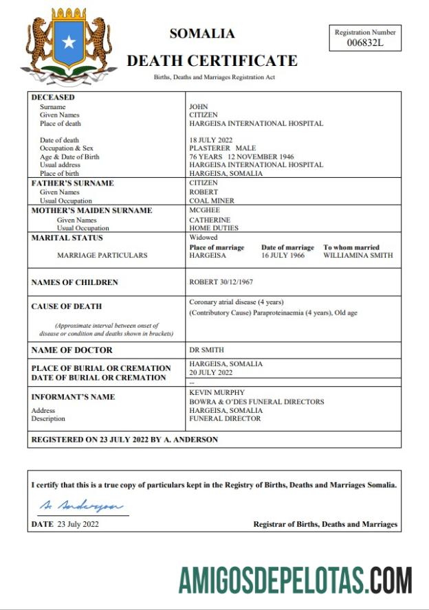 Realista modelo Word e PDF de certidão de óbito de registro vital da Somália
